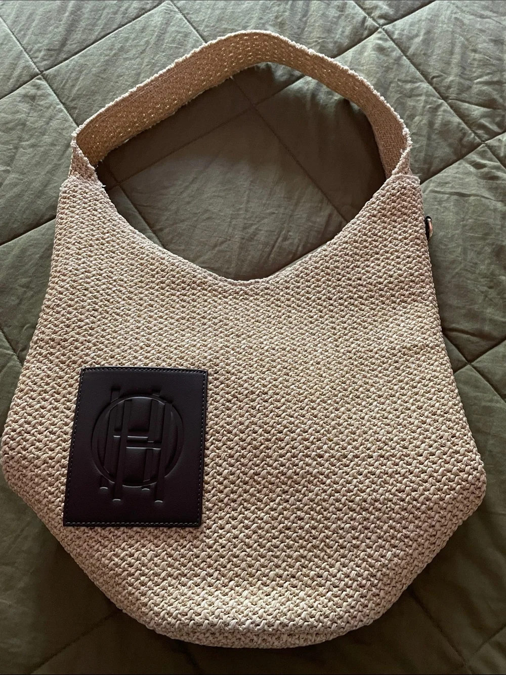 House of Harlow 1960 Beige Woven Hobo with Dark Brown Logo Patch
